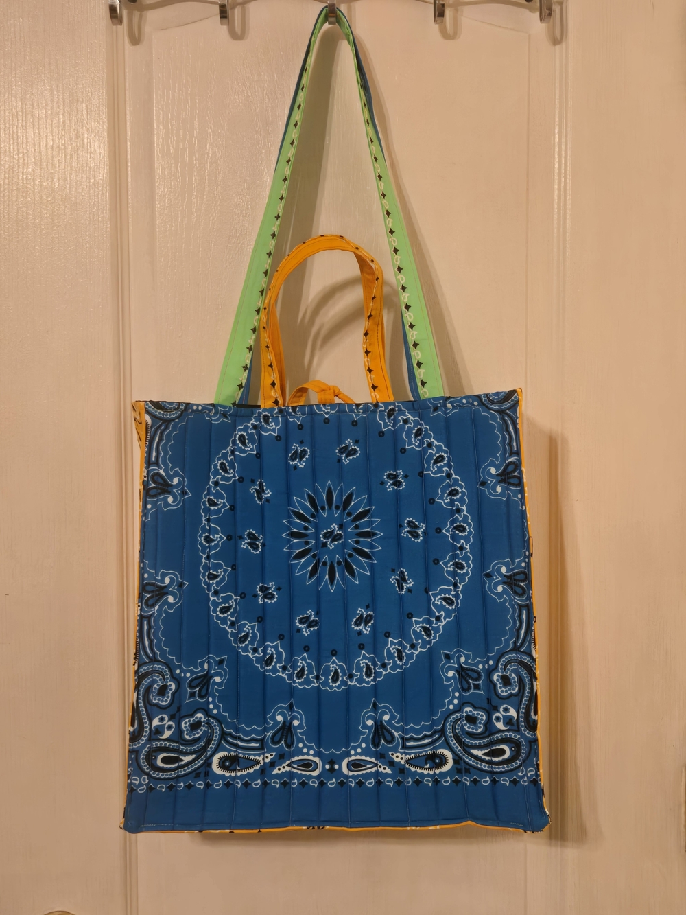 Blue Bandana-Print Tote Bag with Contrasting Handles